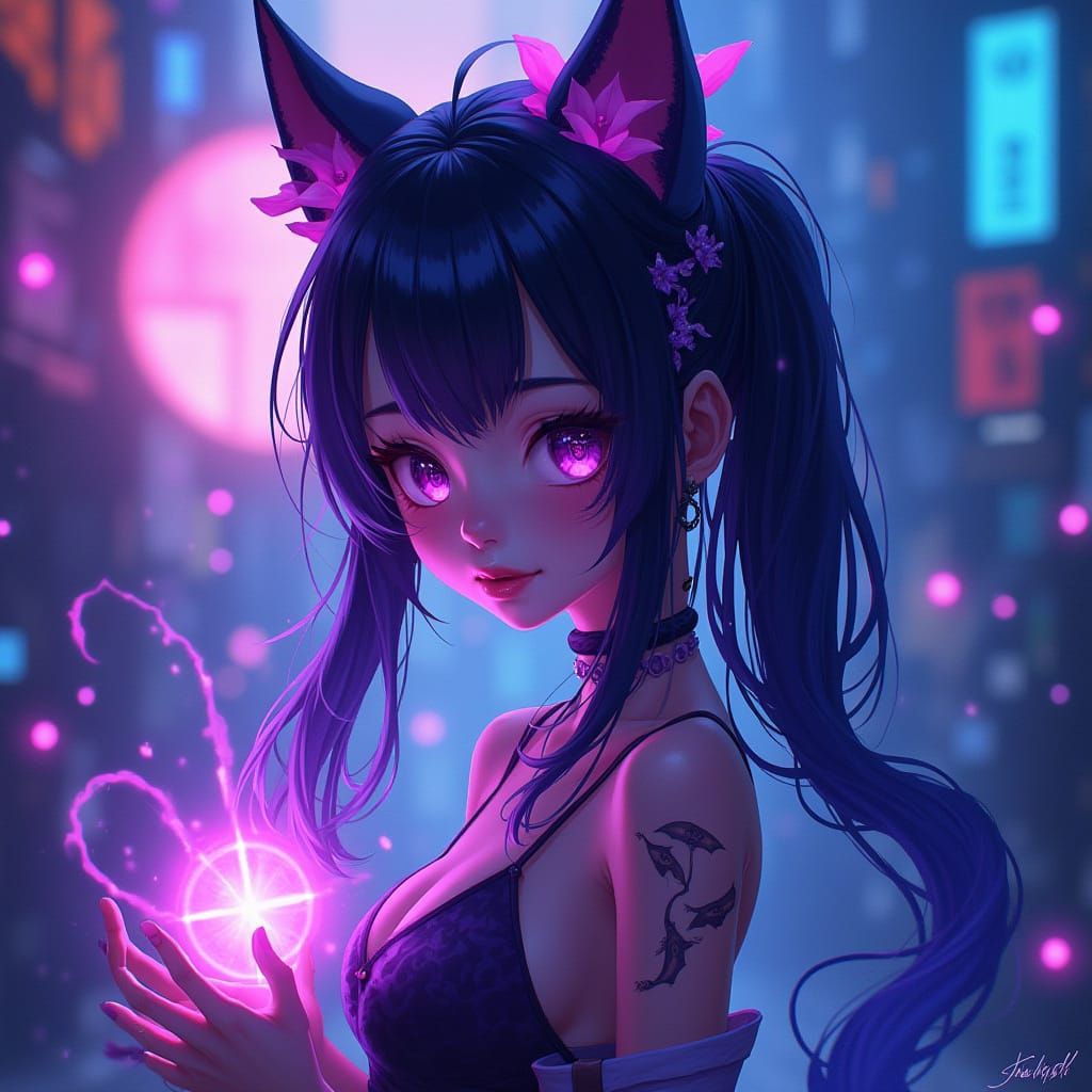 Ethereal Cyber Fantasy Scene in Vibrant Neon