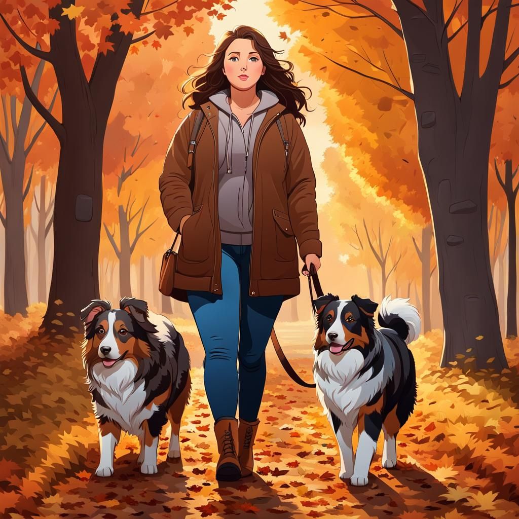 Girl and Dog in Autumnal Line Art