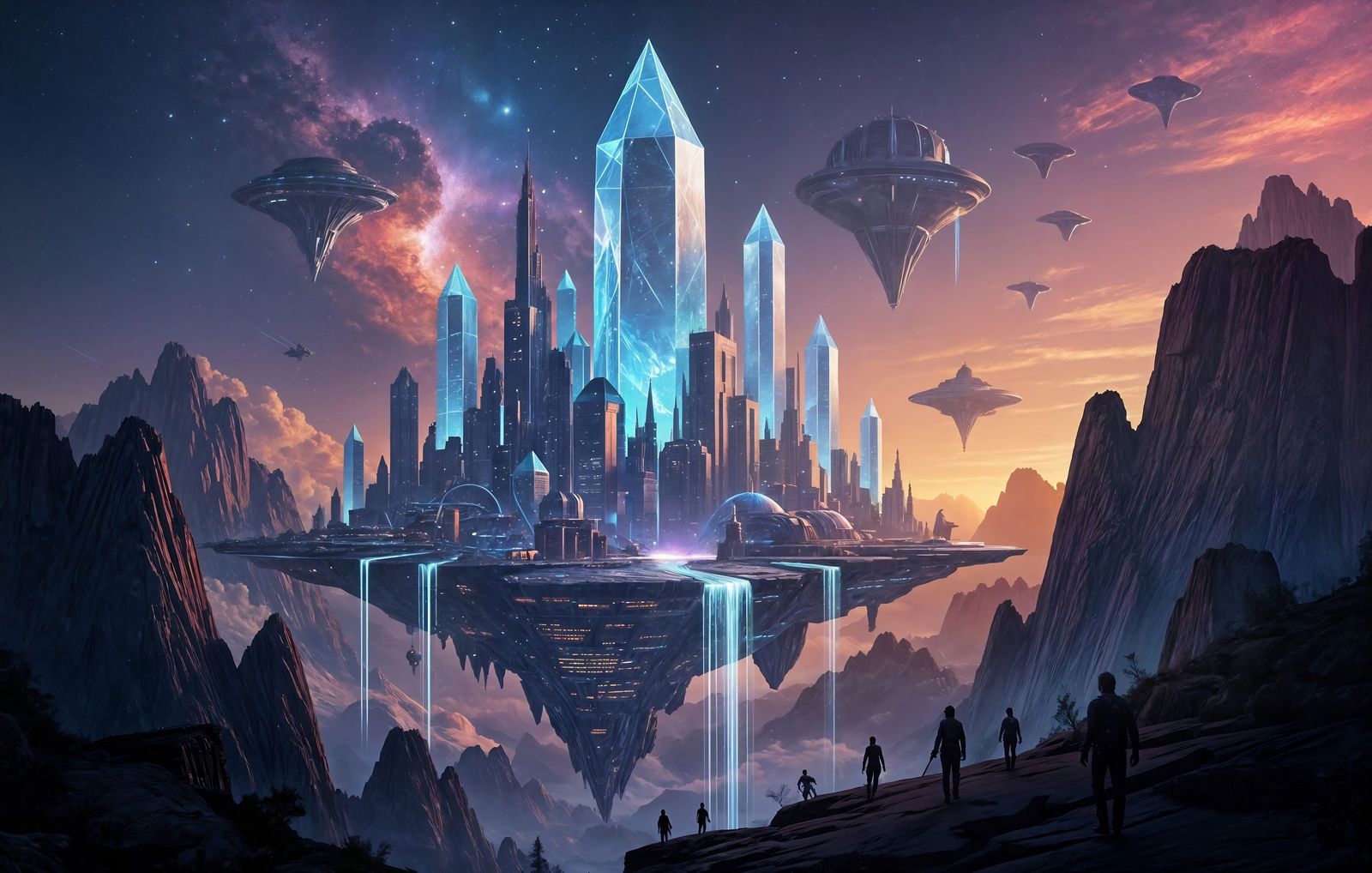 Floating Crystal City in Cosmic Nebula: Digital Art