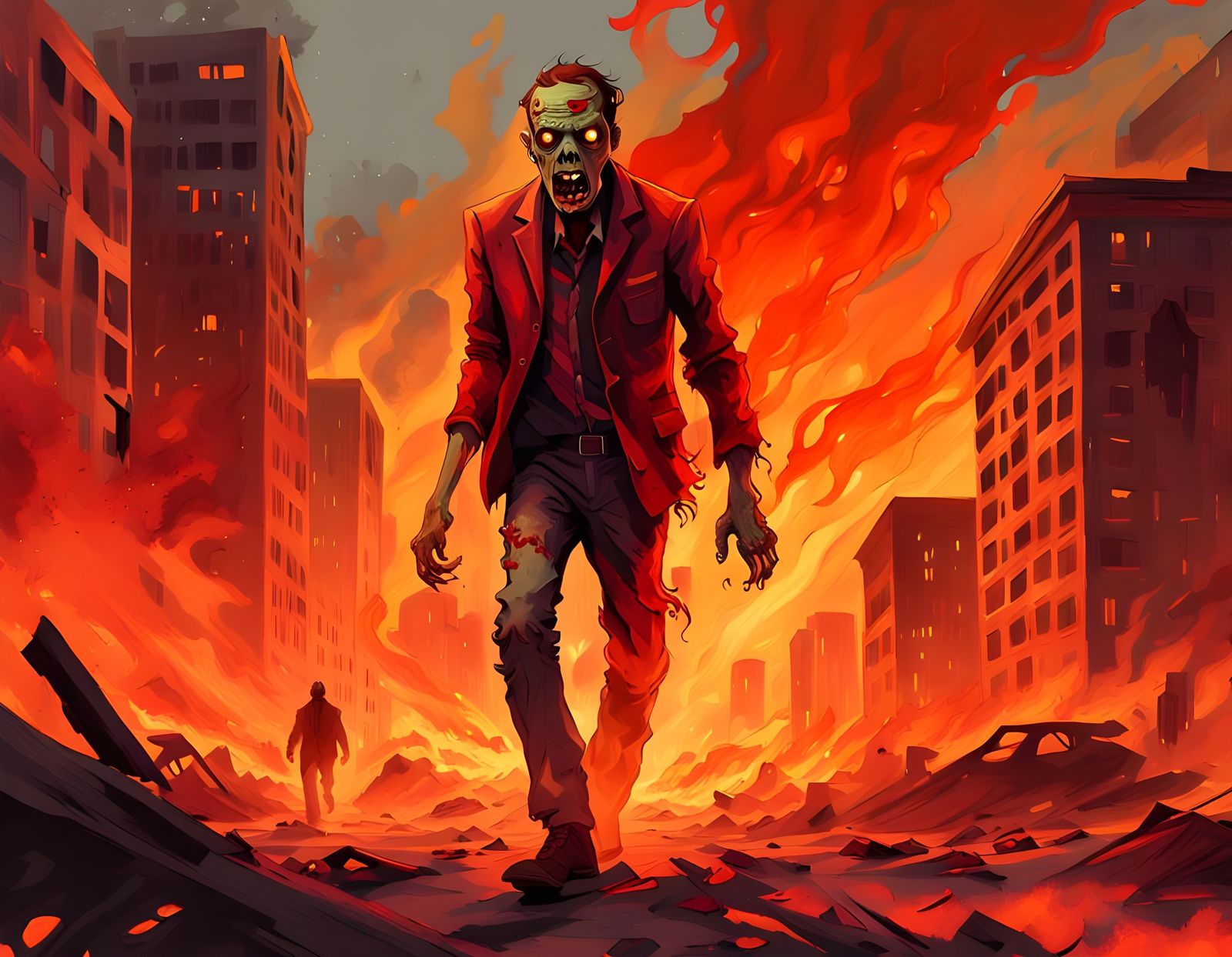 Zombie Walks Through Inferno Flames in a Dystopian Painting ...