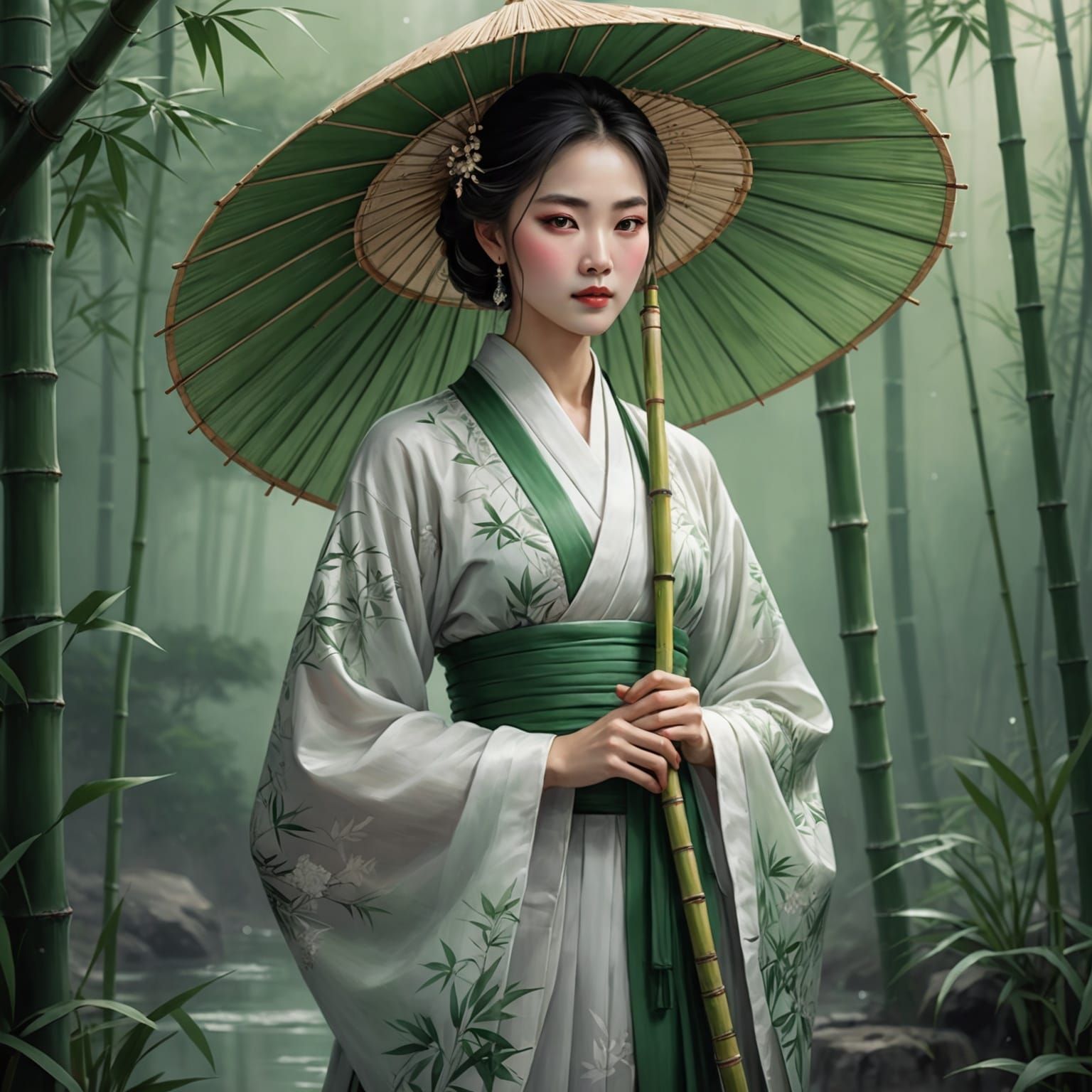 Woman in Traditional Dress with Bamboo Umbrella