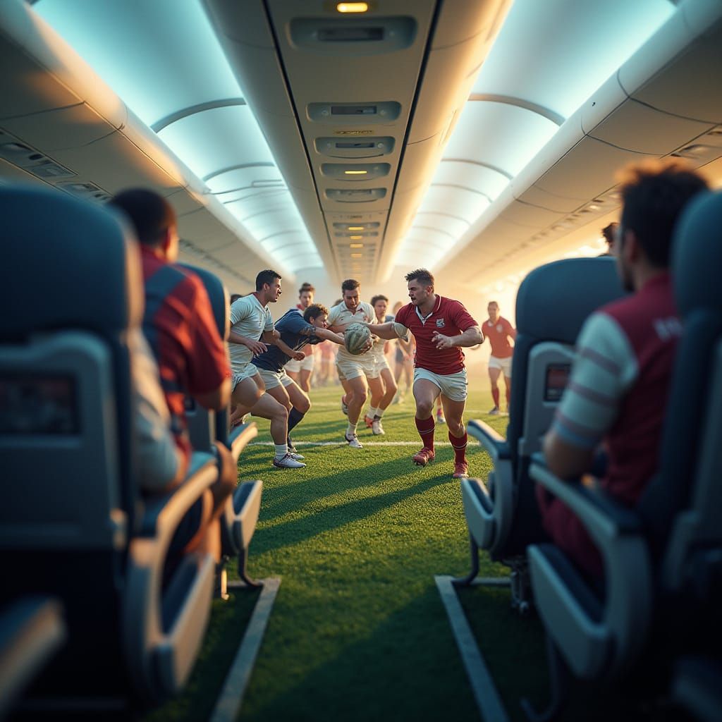 Rugby Game Inside a Boeing A321 Neo Airliner Cabin