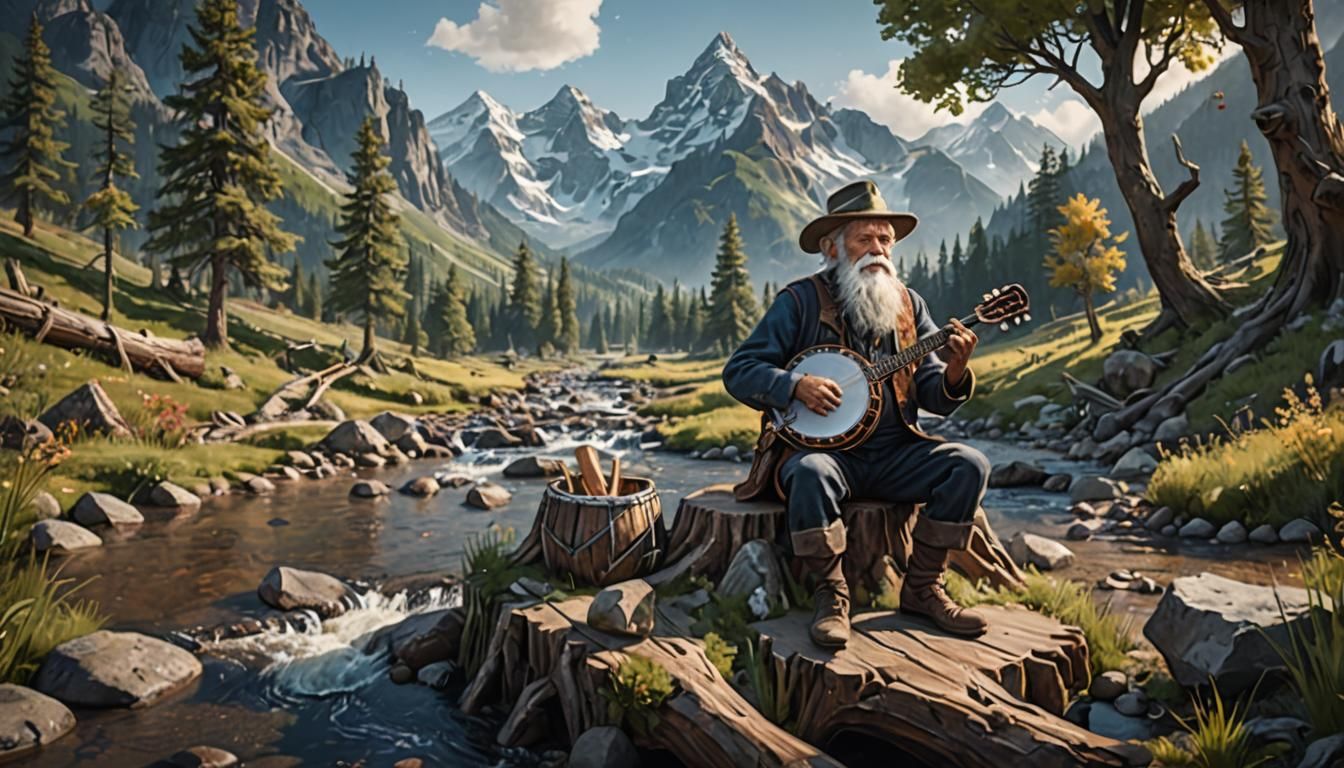 Old Man Plays Banjo in Mountain Landscape
