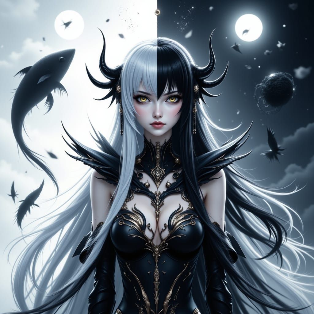 Mysterious Warrior Woman in Yin Yang Anime Style