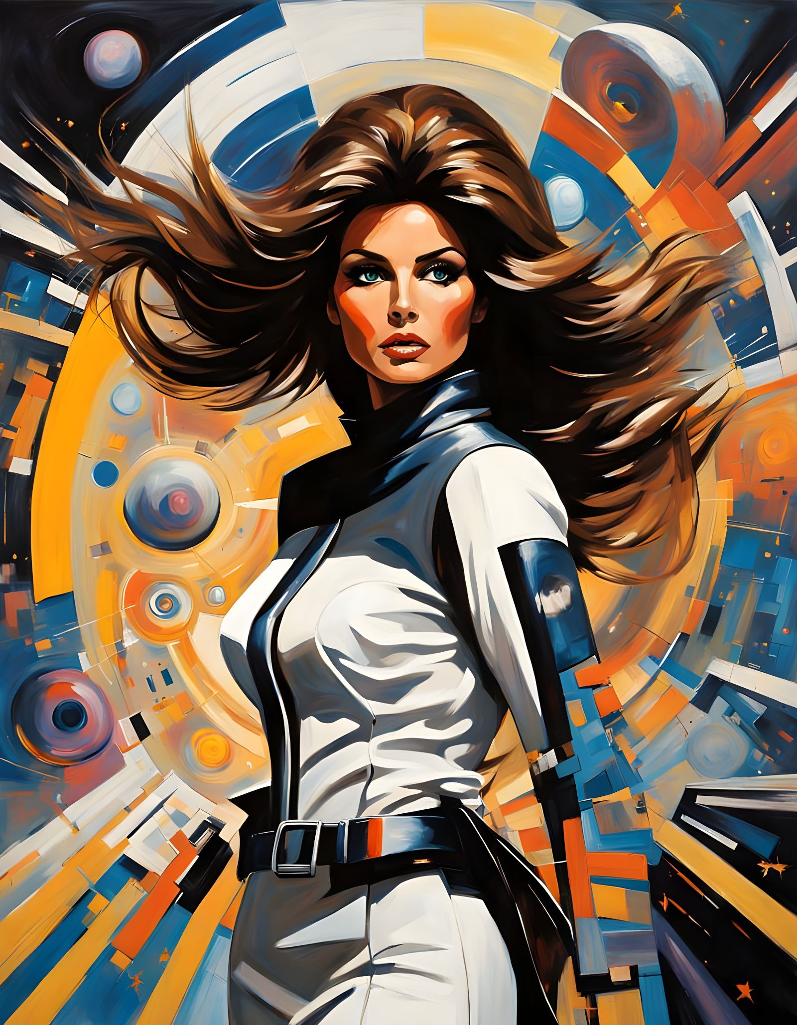 Raquel Welch in Futuristic Spaceship Corridor, Impressionist...