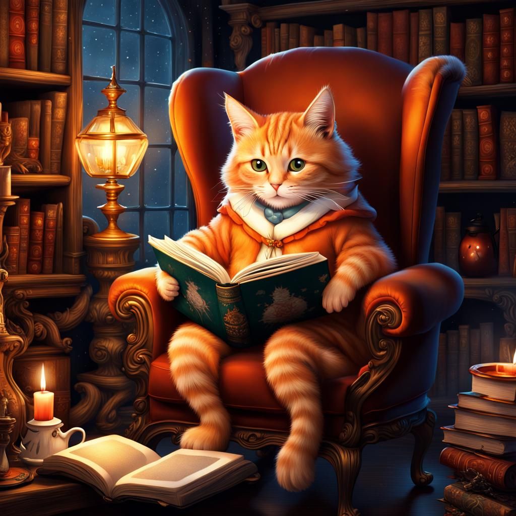 Cute Orange Cat Reads in Wizard's Library