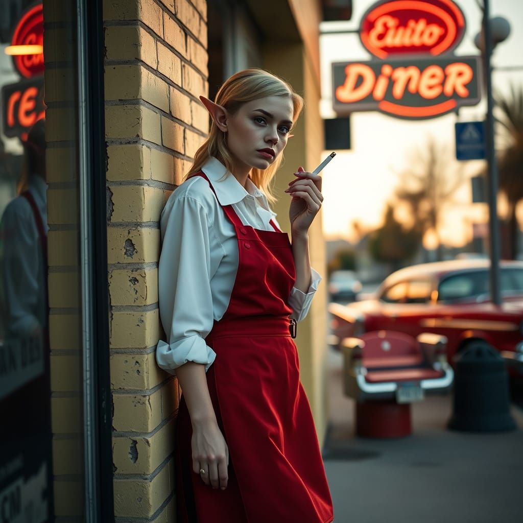 Elf Waitress on Break Outside Vintage Diner