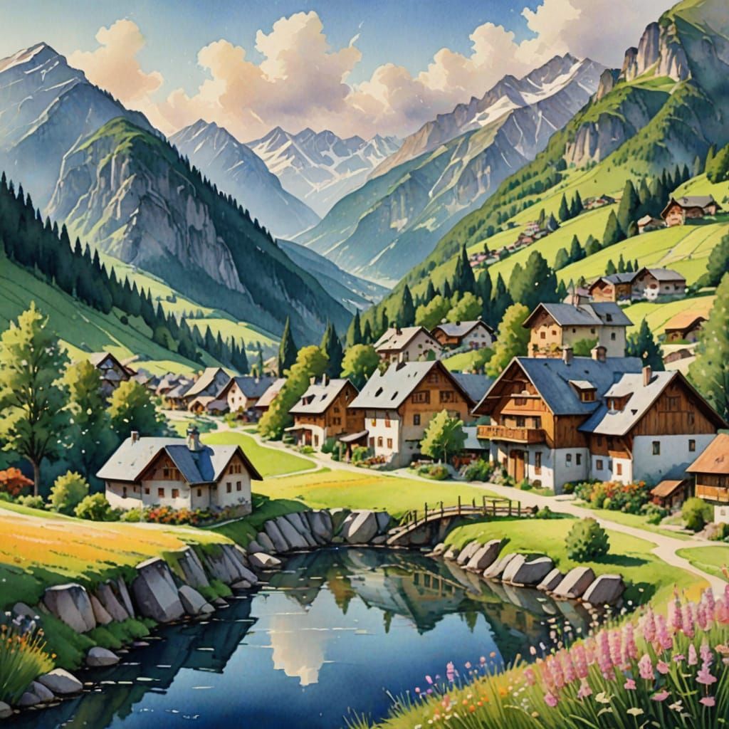 Watercolor Alpine Village in Summer Sunlight