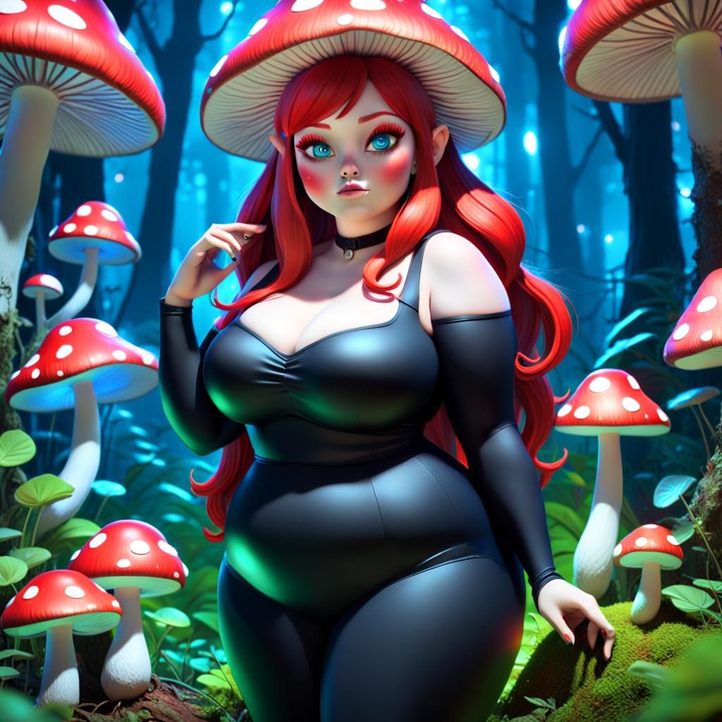 Kawaii Mushroom Woman in Magic Forest: 3D Digital Art