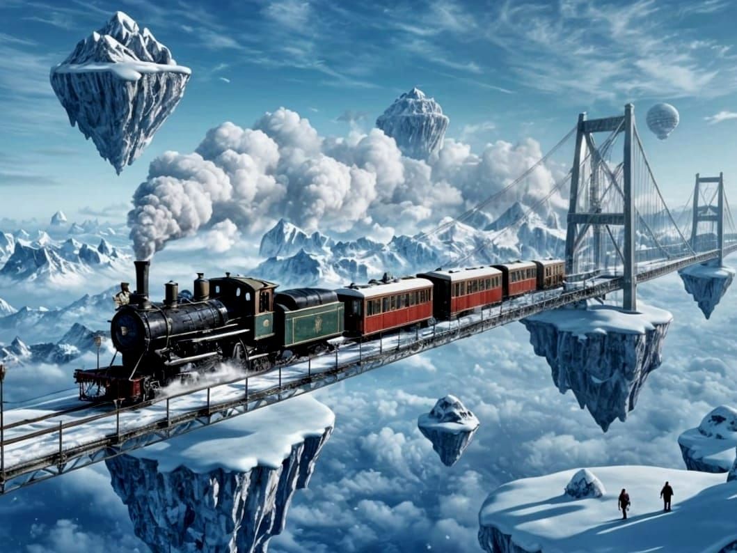 Surreal Sky Islands with Steam Engine Bridge
