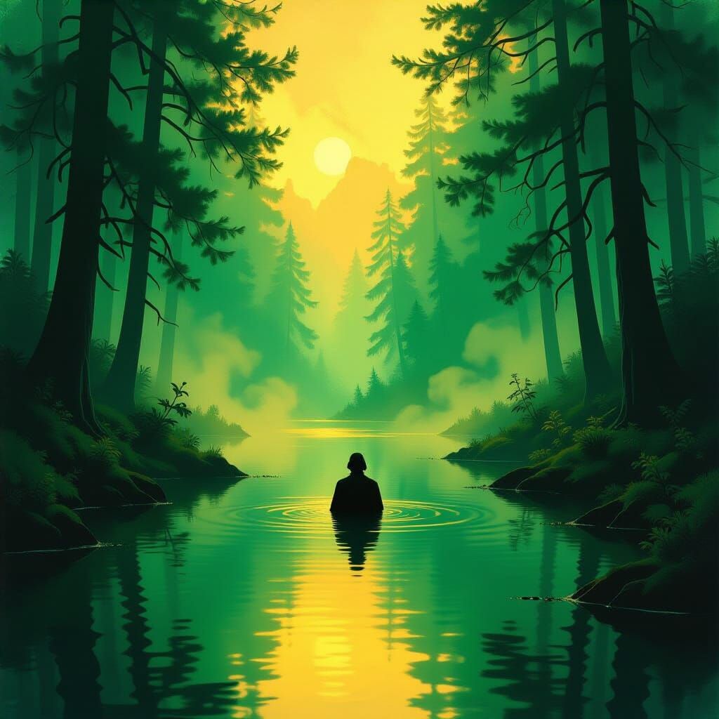 Solitary Figure in Ethereal Emerald Forest