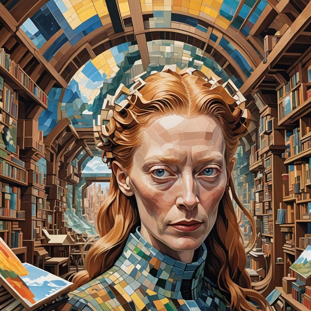 Tilda Swinton Portrait in Escher-Inspired Library