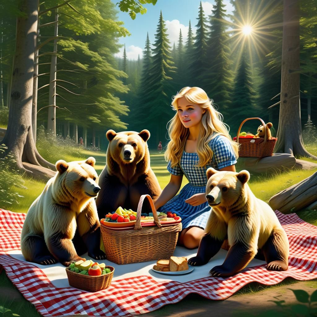 Goldilocks Picnic with Bears in Detailed Fantasy Art