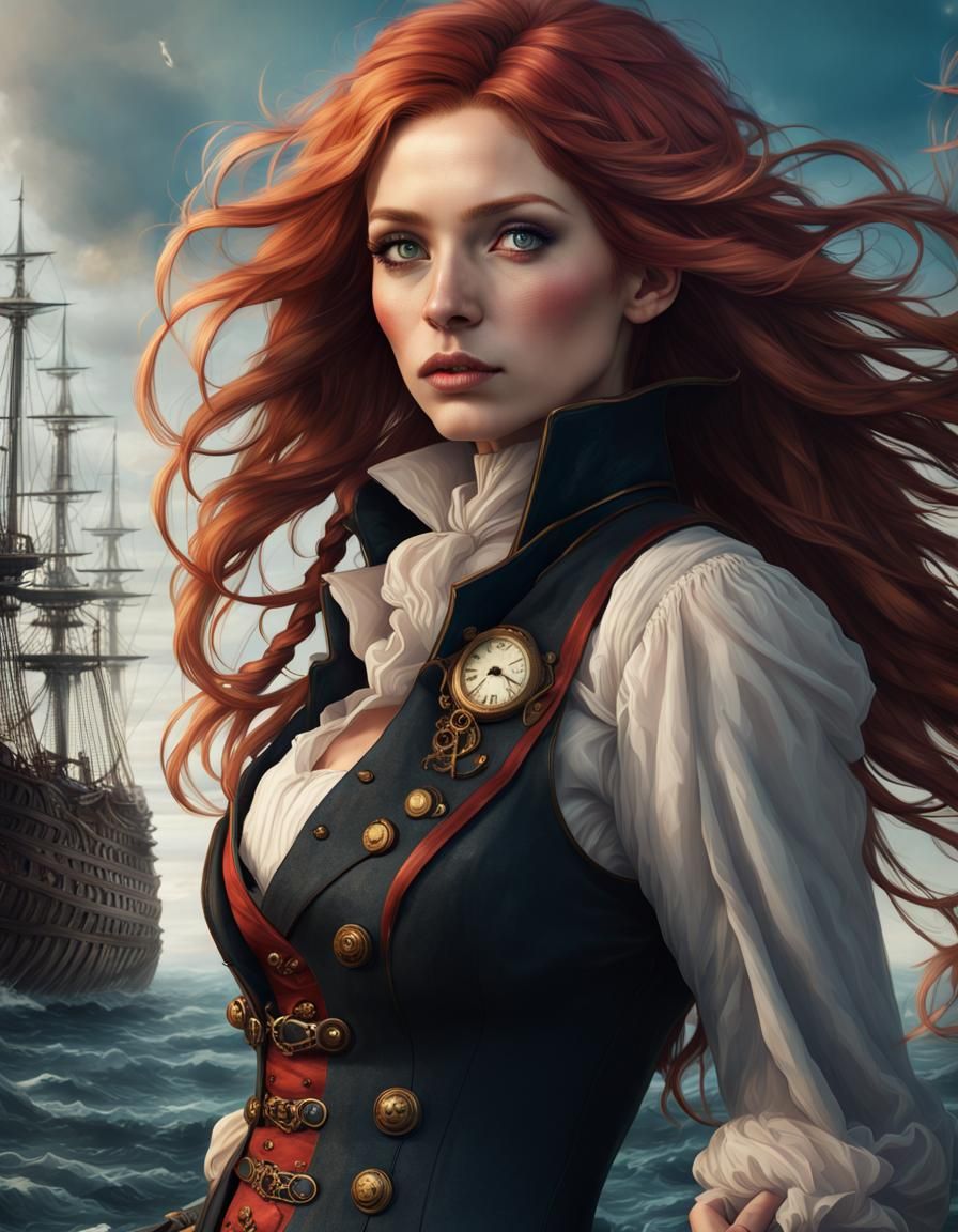 noble blonde woman, steampunk sky captain, sky ship, slender, pirate, beautiful eyes, red hair and blonde hair, long mes...