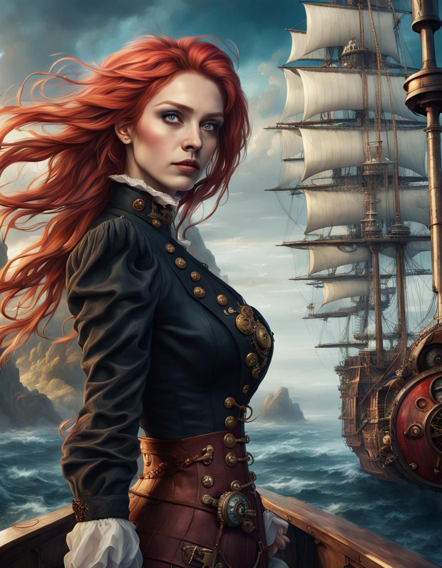 noble blonde woman, steampunk sky captain, sky ship, slender, pirate, beautiful eyes, red hair and blonde hair, long mes...