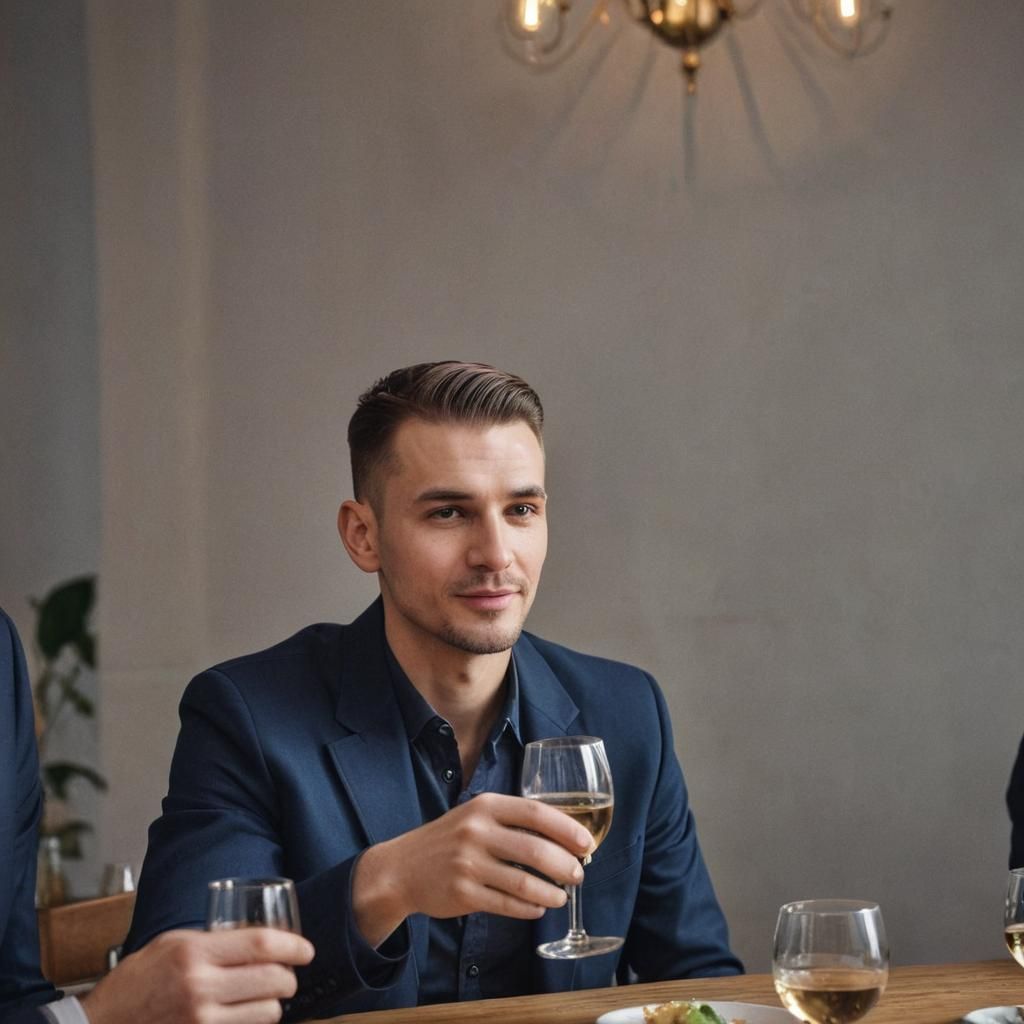 Photorealistic Portrait of Slavic Man Toasting with Friends