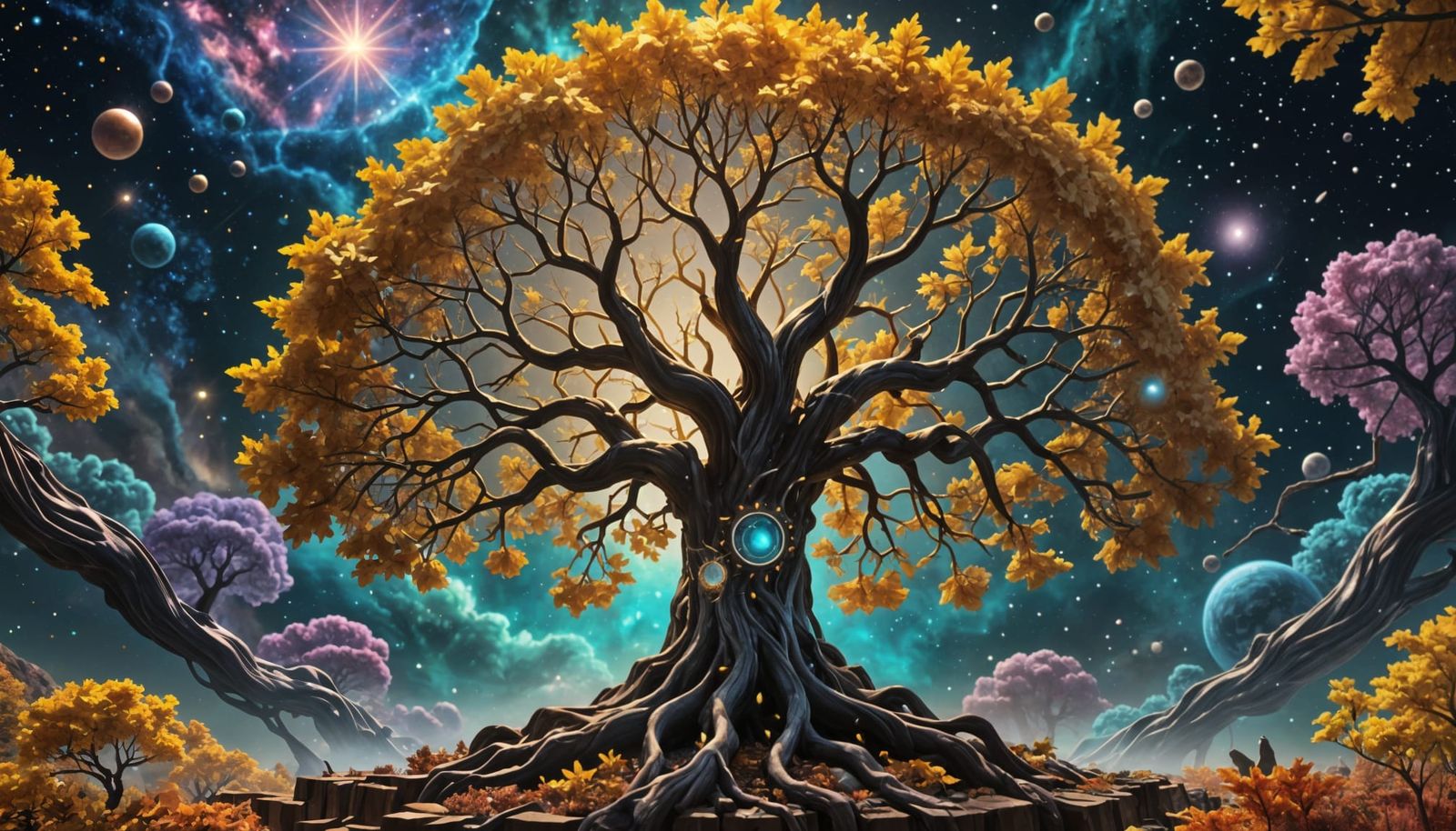 Clockwork Celestial Tree in CGI Aesthetic