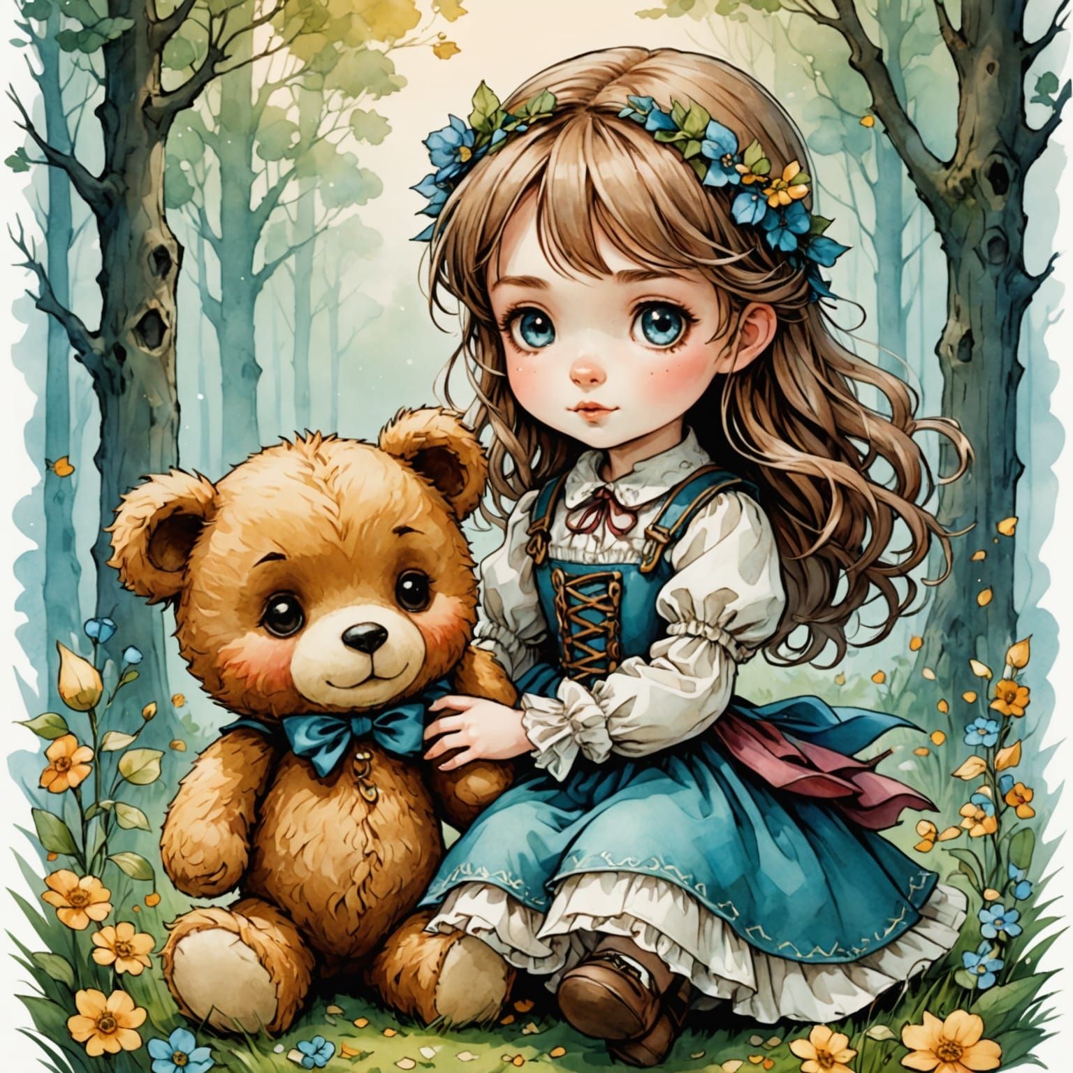 Chibi Girl and Teddy Bear in Fairy Tale Style