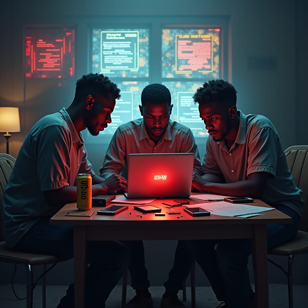 Online Fraud Ring in Dimly Lit Room: Digital Art