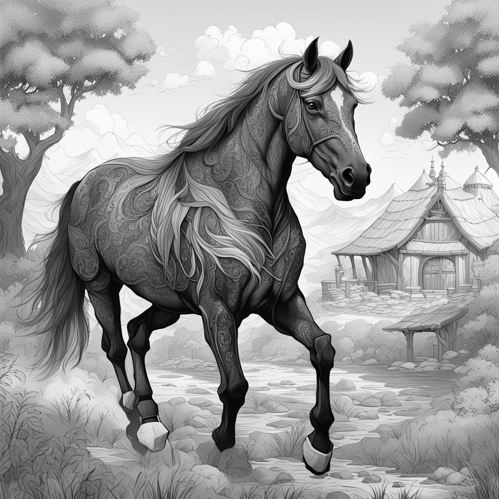 Horse Coloring Page: Detailed Black and White 2D Art