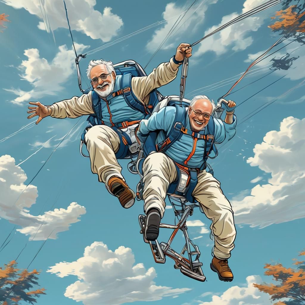 Seniors in Extreme Sports: Skydiving Cartoon Art