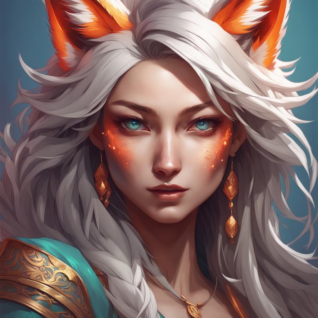 Detailed Kitsune Portrait in Art Nouveau Style
