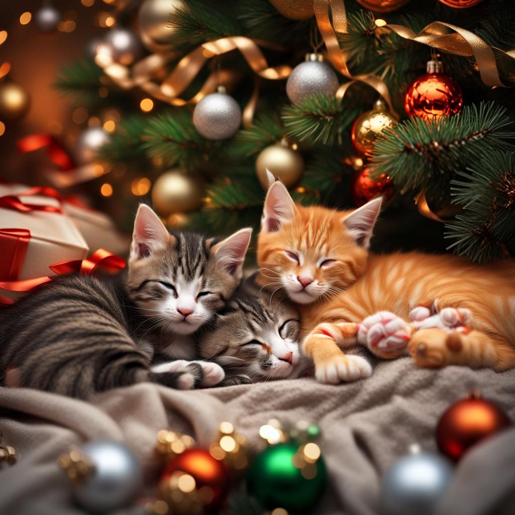Tabby Kittens Napping Under Christmas Tree