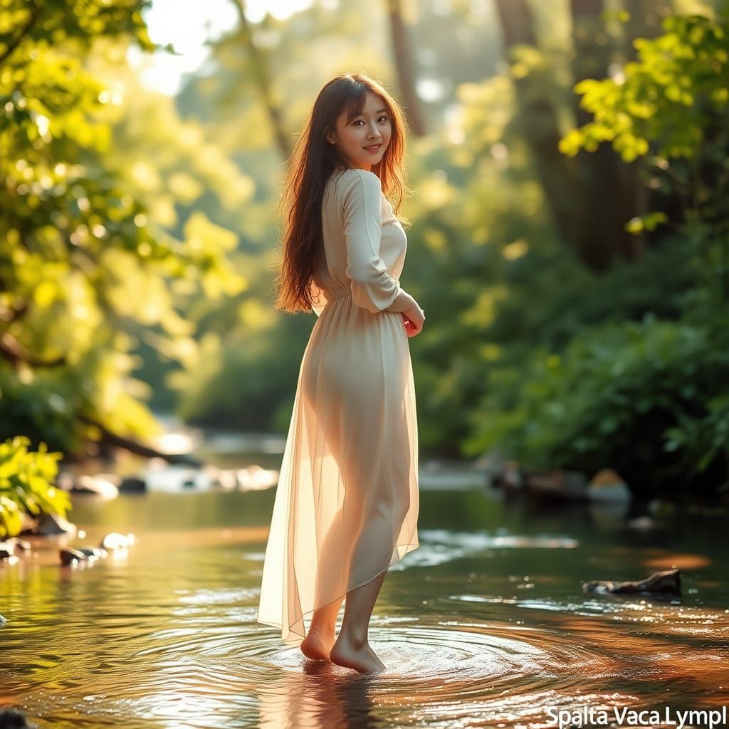 Korean Woman in Stream: Serene Fuji Style Scene