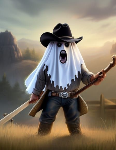 Chibi Cowboy Ghosts on a Ranch: Detailed Matte Painting