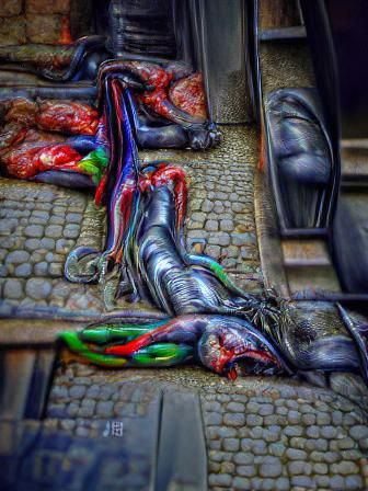 Disturbing Image of Hanging Figures in Street
