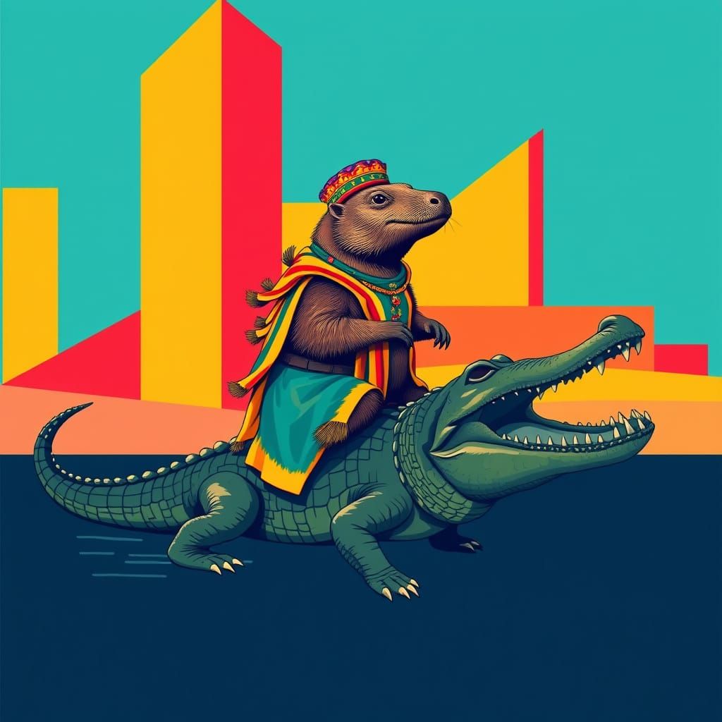 Capybara Rides Crocodile in Bauhaus Pop Art Style