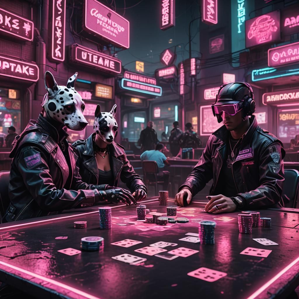 Cyberpunk Poker Game with Phantom, Rabbit and Dog