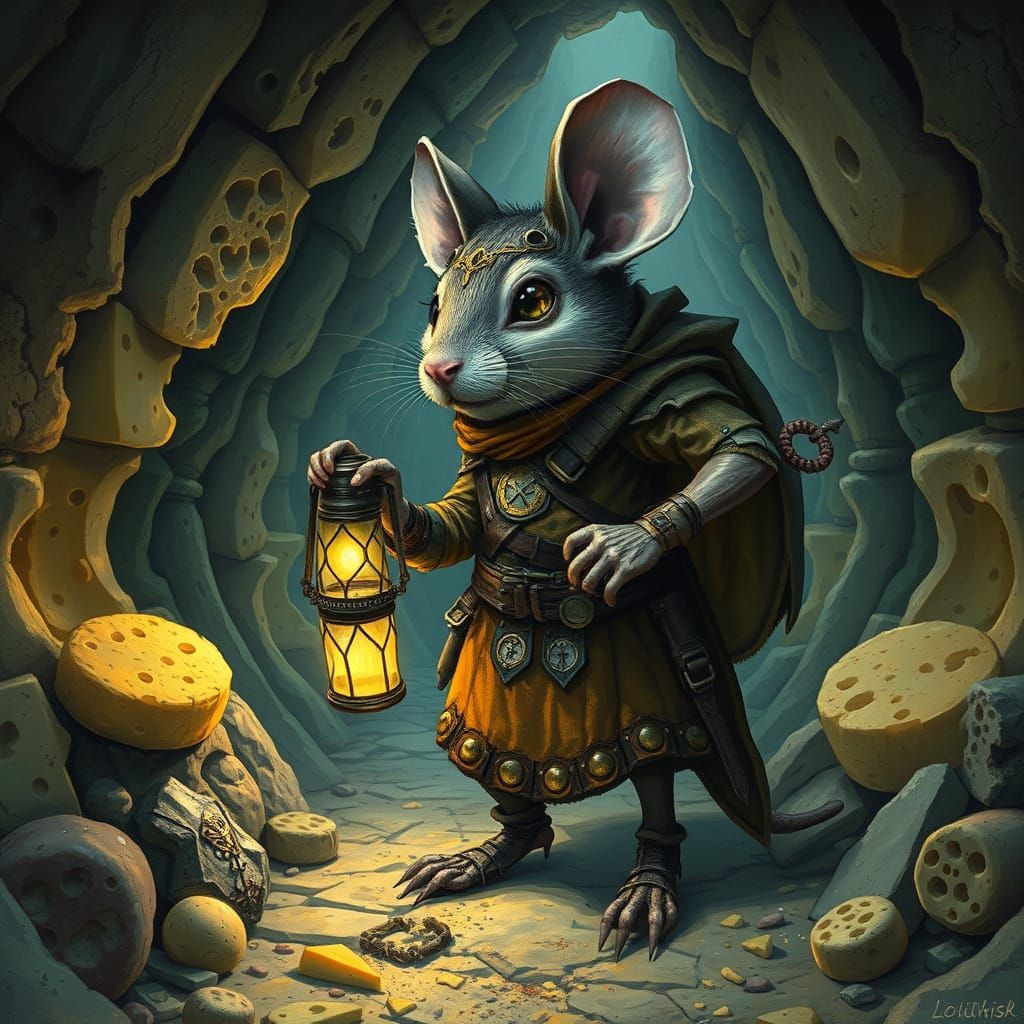 Mouse Warrior in Cheese Catacombs, Retro Sci-Fi Style