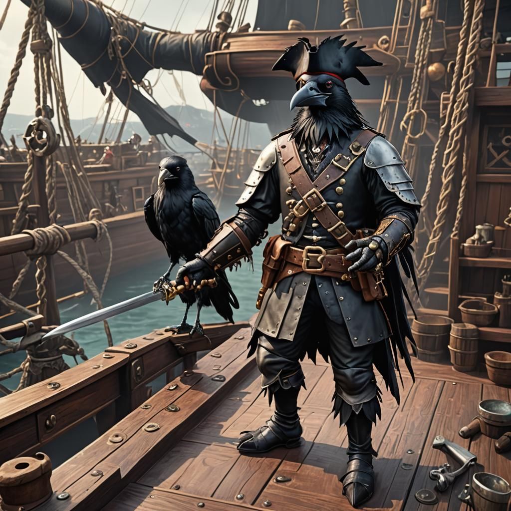 Pirate Crow in Armor on Ship Deck