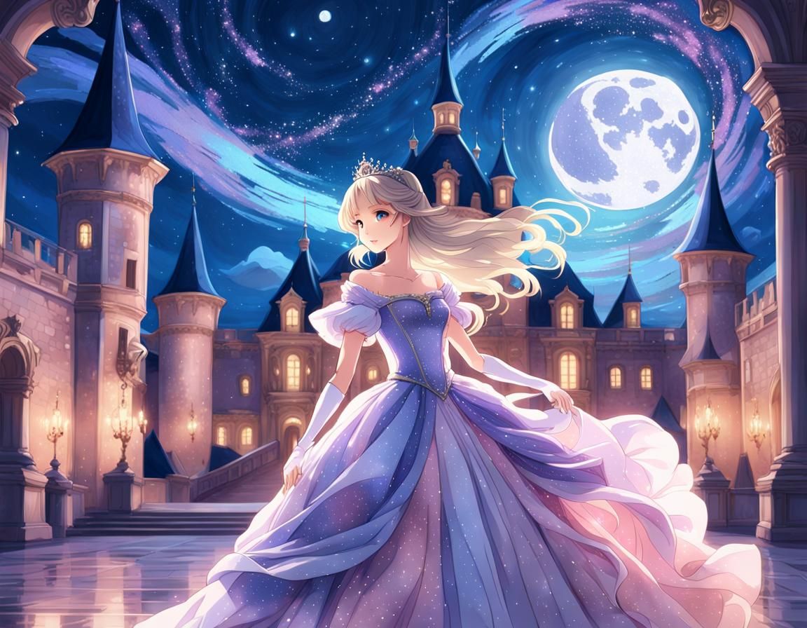 Dreamy Anime Princess in Starry Castle Courtyard