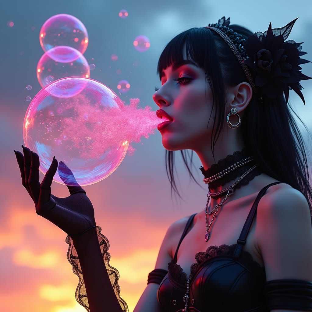 Goth Girl Blowing Iridescent Bubbles at Sunset
