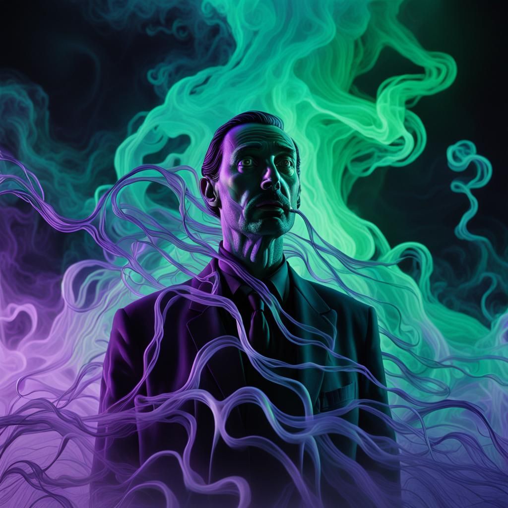 Surreal Neon Dreamscape with Ghostly Figure