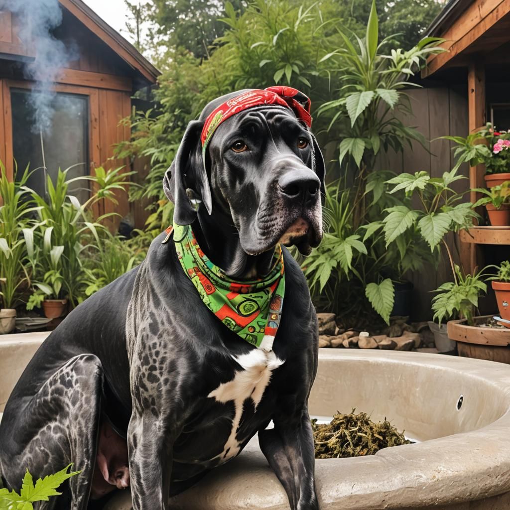 Great Dane Hippie Smokes at Jacuzzi