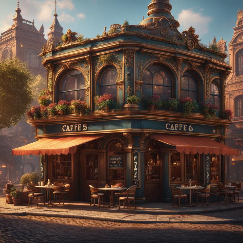 Fantastical Vintage Cafe Concept Art in Deep Color