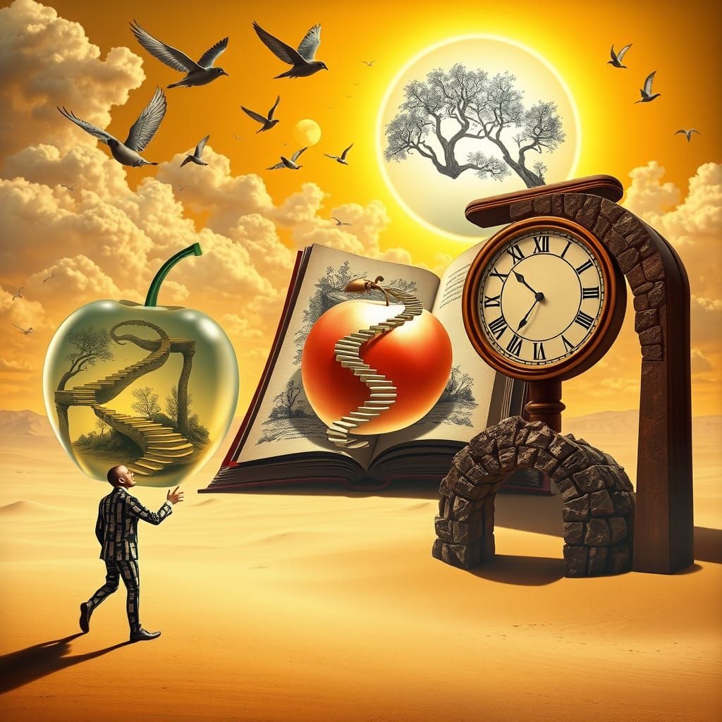 Surreal Desert Dreamscape with Piano Suit Figure