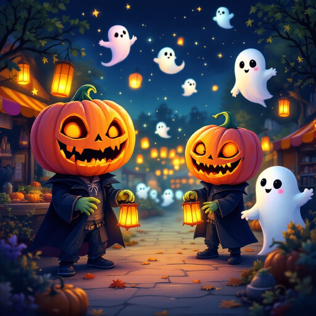 Whimsical Harvest Festival with Pumpkin Goblins and Vampires