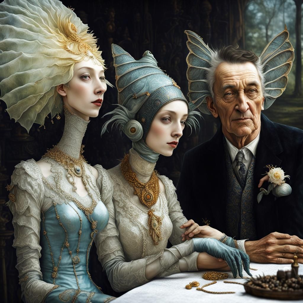 Surreal Restaurant Scene with Beautiful Exotic Aliens