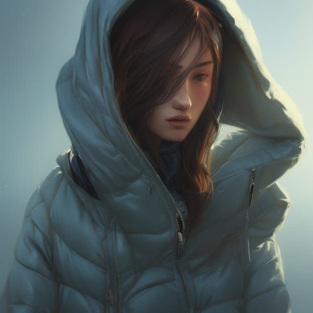 Girl in Down Jacket: Cosmic Digital Art Portrait