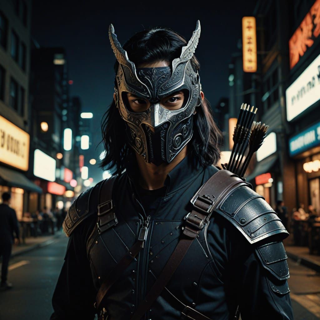 Japanese Archer Vigilante in Cinematic Urban Night