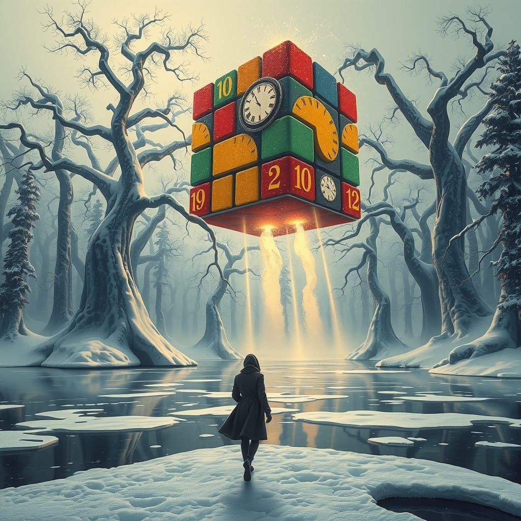Surrealist Masterpiece with Shifting Rubik's Cube in Winter