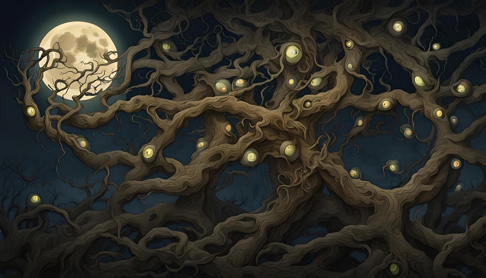 Luminescent Eyeballs on Gnarled Tree in Moonlit Night