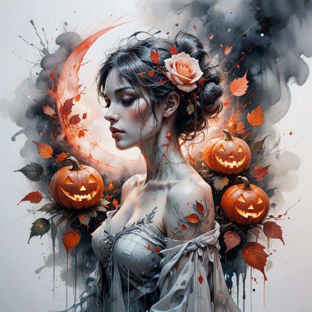 Ghostly Rose and Pumpkins in Moody Moonlight