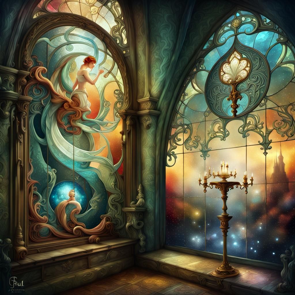 Galactic Occult Stained Glass in Art Nouveau Style
