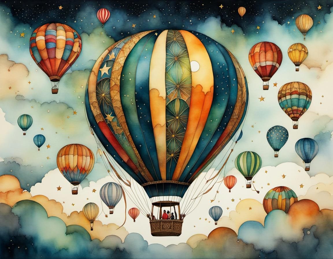 Whimsical Hot Air Balloon to the Stars Illustration
