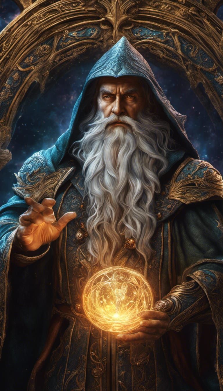 Epic Wizard Merlin in Magical Art Nouveau Style